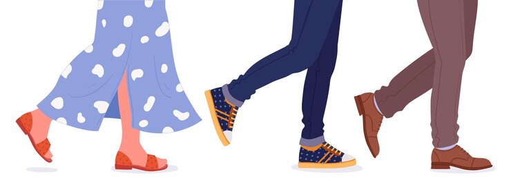 Vecteur jambes de marche humaines jambes de marche masculines et féminines dans des chaussures à la mode chaussures décontractées personnes portant des jeans jupe baskets et bottes illustration vectorielle plate