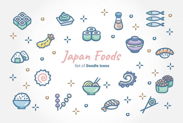 Vecteur japan foods doodle icon set