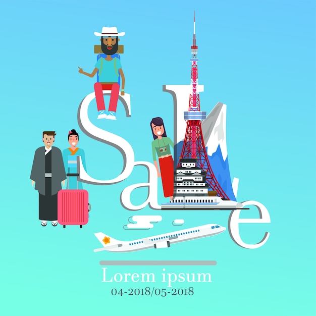 Vecteur japon infographique, lettrage de vente et monuments célèbres