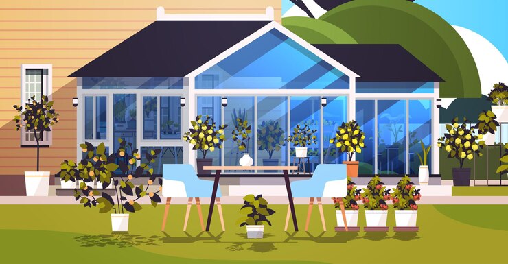 Vecteur jardin botanique d'orangerie en verre de serre de plantation d'arrière-cour avec des fleurs et des plantes en pot
