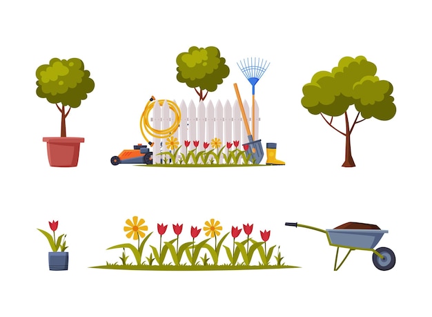 Jardin avec un lit de fleurs, une brouette, un arbre et une clôture vectorielle