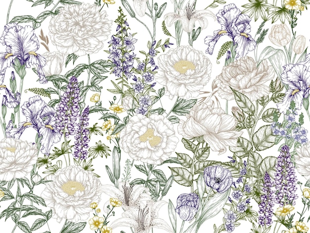 Jardin de motifs dans le style de gravure Rose lily lupin jacinthes tulipe pivoine pervenche