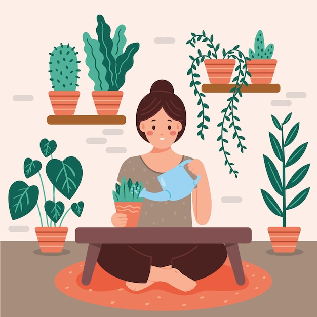 Jardinage à domicile concept avec femme arrosage des plantes