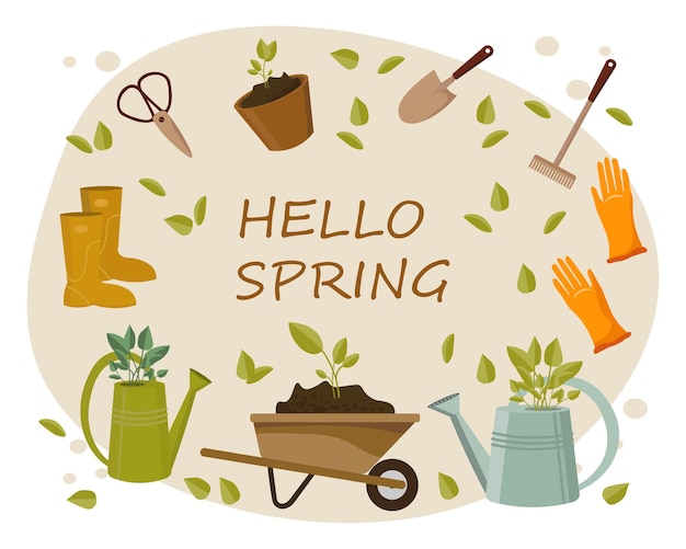 Jardinage d'illustration de printemps Bottes et gants d'outils de jardin sur un fond abstrait