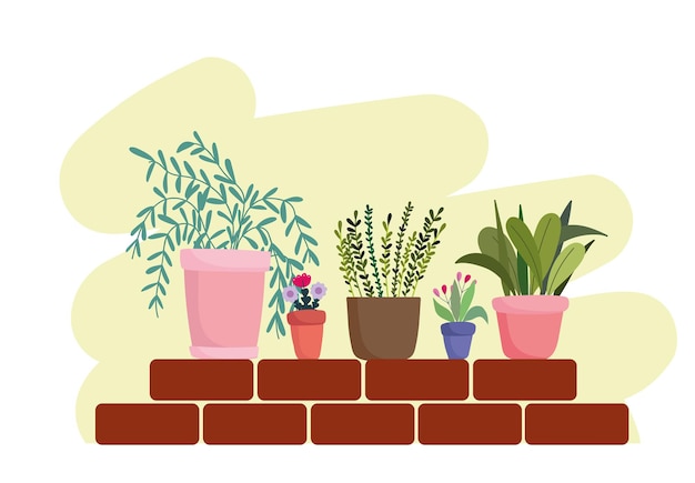 Jardinage plantes et fleurs en pot sur illustration de briques murales