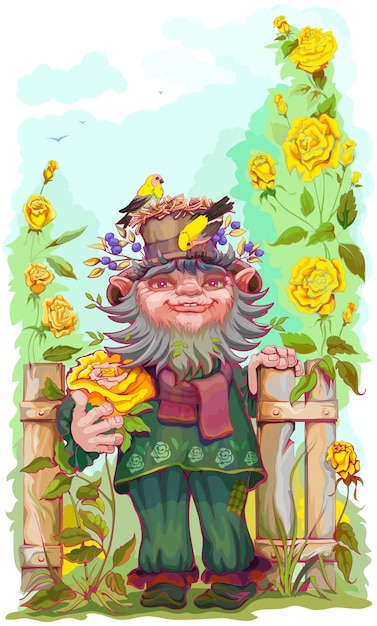 Vecteur jardinier brownie gnome leprechaun se tient près de la clôture et tient la fleur rose jaune dessin animé vectoriel