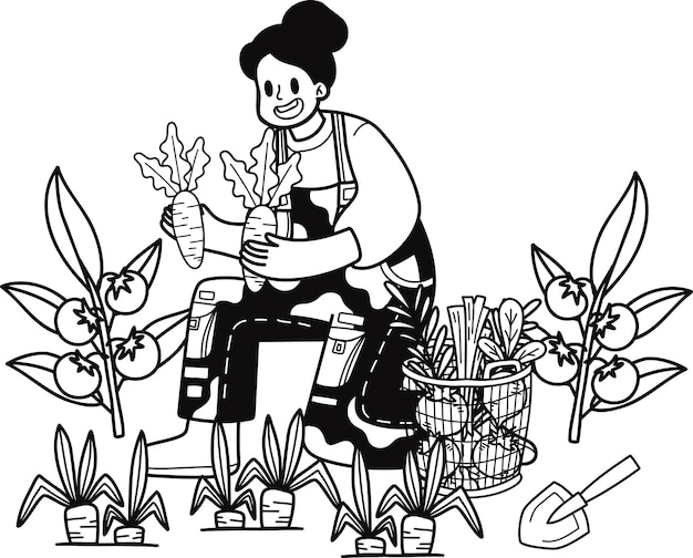 Vecteur jardinier féminin plantant des carottes illustration dans un style doodle