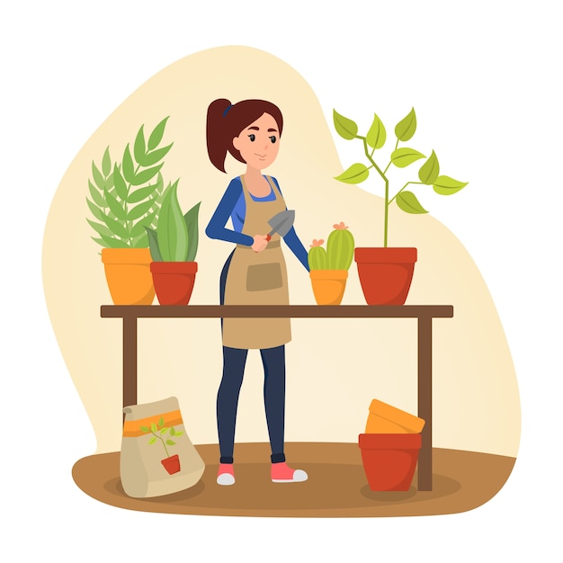Jardinier Femme Travaille Avec Des Plantes. Idée D'agriculture Et De Jardinage. Fleur Dans Le Pot. Illustration