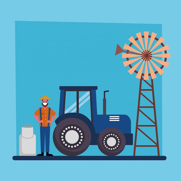 Jardinier homme tracteur moulin à vent et lait peut concevoir