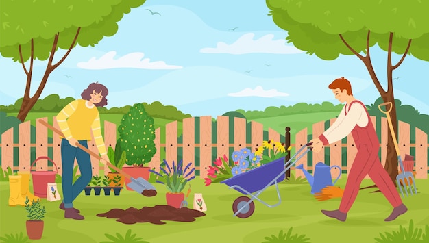 Jardiniers Prenant Soin De L'homme Et De La Femme De Jardin Avec Des Outils De Jardinage Vector Illustration