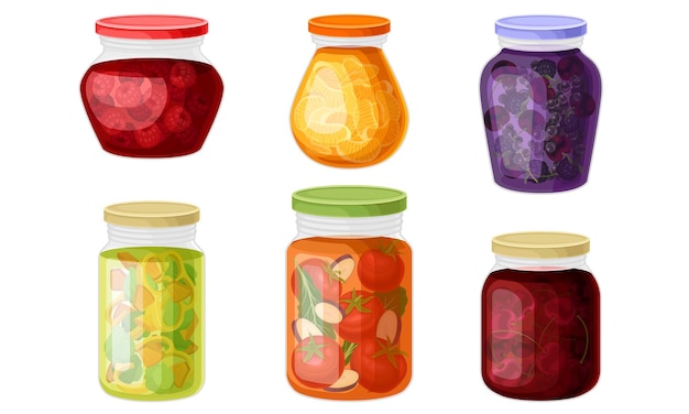 Vecteur jarres de verre avec des légumes conservés et un jeu vectoriel de confiture de fruits