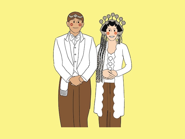 Java Indonésie Couple De Mariage, Costume De Vêtements Blancs Traditionnels Javanais Indonésien Mariée