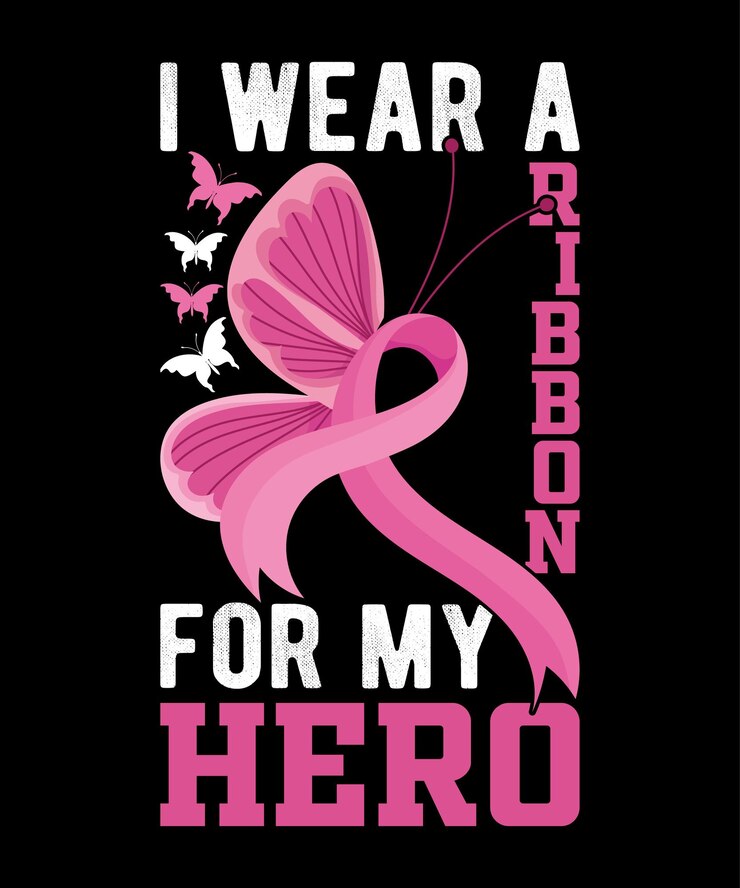 Je porte un ruban pour mon héros. Conception de t-shirt pour le cancer du sein.