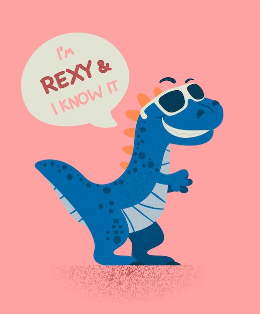 Vecteur je suis rexy et je le sais dinosaure tirannosaure tirex carte trex de bande dessinée pour un vecteur d'enfant dinosaure dessiné à la main mignon et drôle de bande dessinée avec des lunettes de soleil illustration pour enfants impression pour enfants