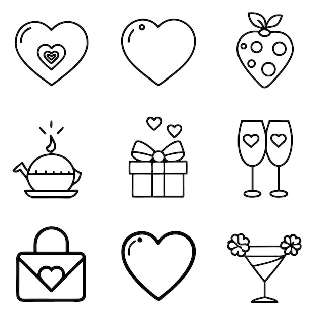 Je vous souhaite une joyeuse fête de la Saint-Valentin avec des icônes vectorielles en ligne noire