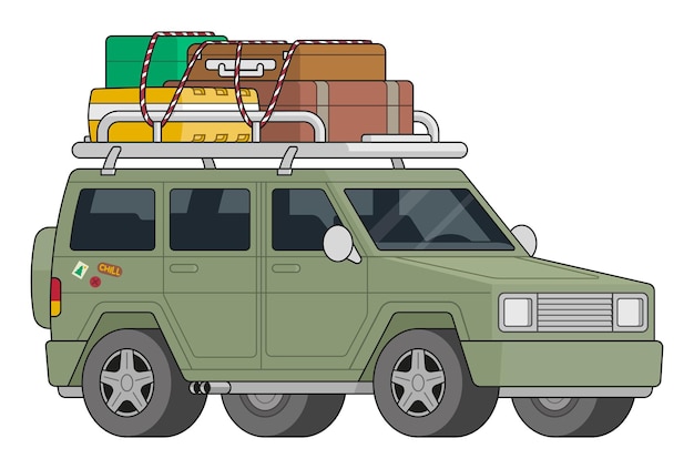 Vecteur jeep de voyage vert vecteur avec bagages sur le toit.