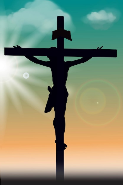 Jésus-christ sur la croix au lever du soleil du matin avec la silhouette de la crucifixion du christ