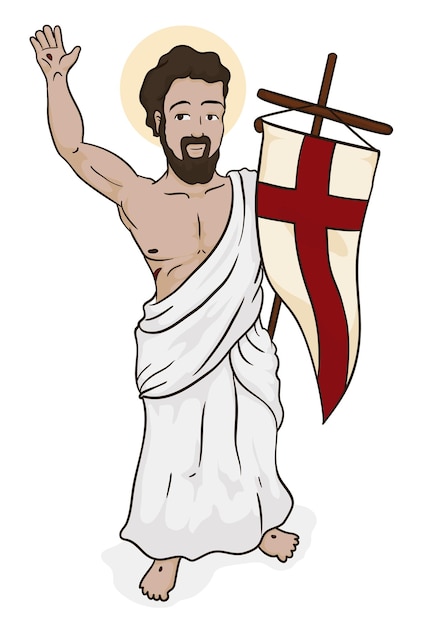 Vecteur jésus-christ victorieux après sa résurrection tenant un drapeau avec une croix rouge