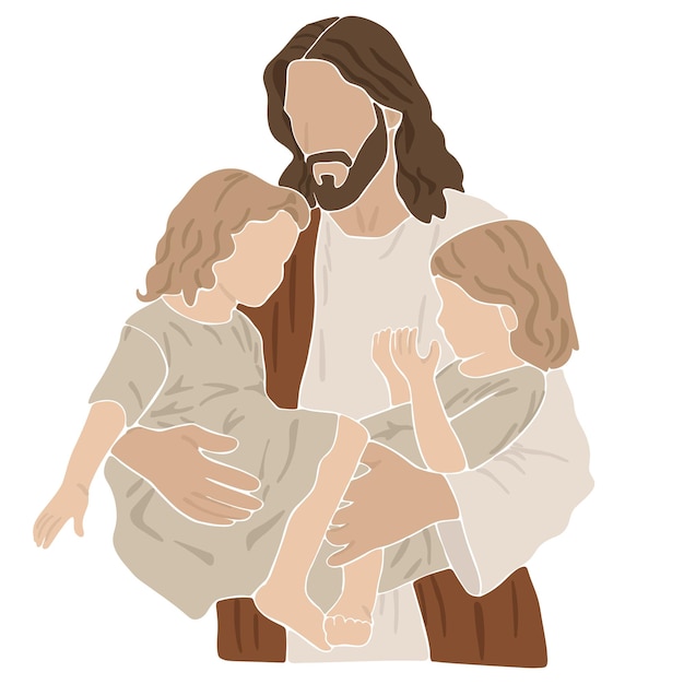 Vecteur jésus tient deux petites filles dans ses bras silhouette bohème illustration vectorielle chrétienne