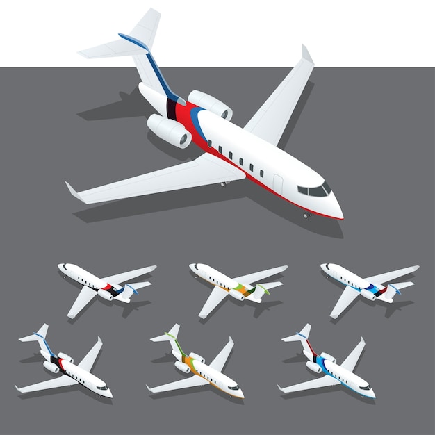 Jet Privé Isométrique. Ensemble D'éléments Infographiques Isométriques Représentant Des Avions De Passagers Commerciaux. Différentes Classes D'avions à Moteur à Réaction Et à Hélice Dans Un Style Plat