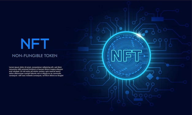 Jeton non fongible NFTTechnology background avec circuitNFT logo dark blueCryptocurrency concept