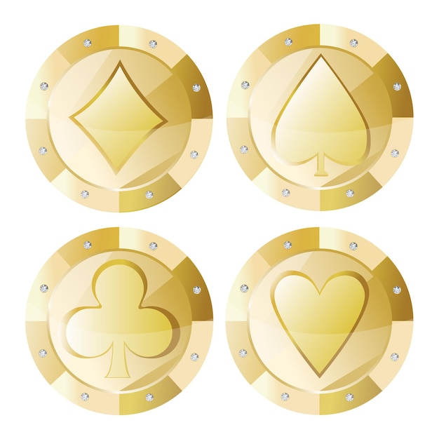 Vecteur jetons de casino en or avec tambourin, coeur, club, pique. avec des pierres précieuses