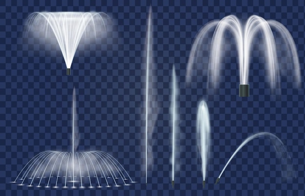 Vecteur jets de fontaine. éclaboussures d'eau réalistes, jets incurvés et geysers. cascade de fontaines et combinaison. décoration de l'eau pour l'ensemble de vecteurs de parc. fontaine aqua flow collection à décorer parc