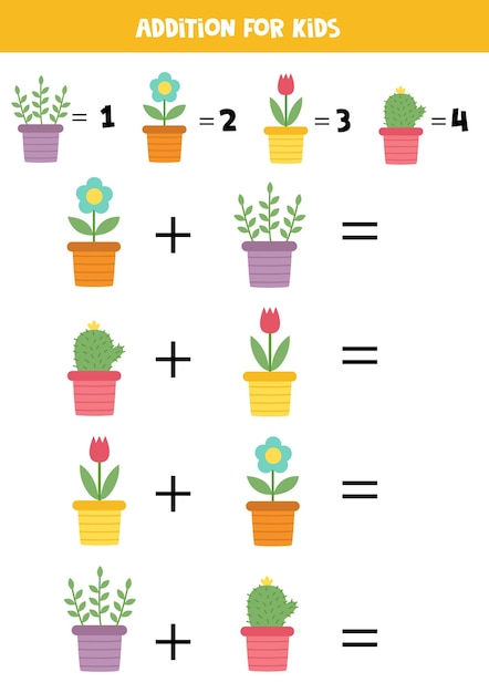 Jeu D'addition Avec Différentes Fleurs En Pots Jeu éducatif De Mathématiques Pour Les Enfants D'âge Préscolaire