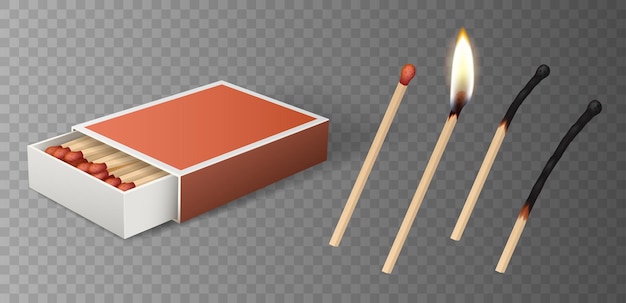 Jeu d'allumettes : allumette brûlante avec le feu, boîte d'allumettes ouverte, allumette brûlée isolée sur fond gris. Illustration vectorielle détaillée de rendu 3D