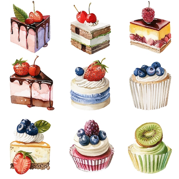 jeu d'aquarelle vectorielle simple de dessert