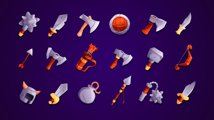 Vecteur jeu arme ancienne fantaisie guerrier militaire médiéval armement dessin animé style chevalier épée guerre poignard lame couteau lance ui rpg éléments vector set