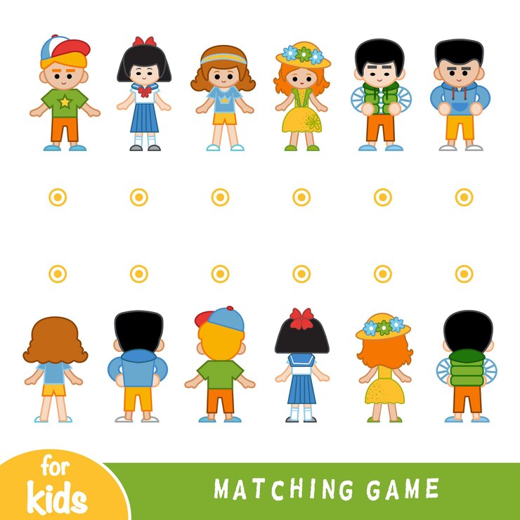 Vecteur jeu d'association pour les enfants. retrouvez le recto et le verso des personnages, filles et garçons