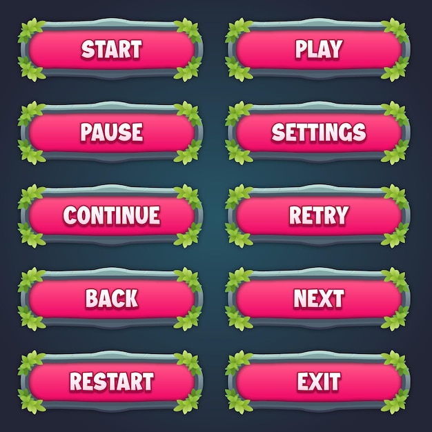Vecteur jeu attrayant boutons de pierre rose avec effet de texte modifiable dans des dessins de bordure de feuilles uniques