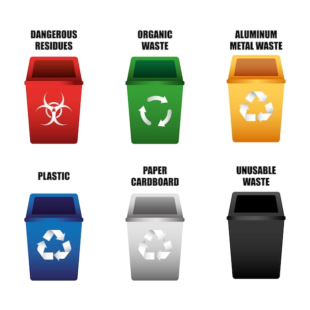 Vecteur jeu de bacs de recyclage avec des icônes illustration vectorielle isolée