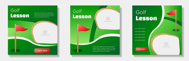 Vecteur jeu de bannière de publication de médias sociaux de sport de cours de sport de golf trou de golf avec concept de publicité de drapeau