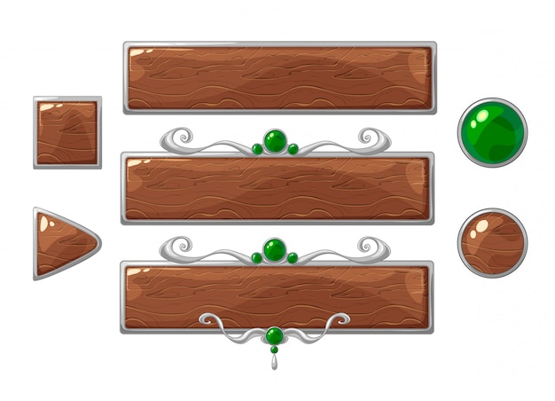 Vecteur jeu de bannières en bois titre vecteur dessin animé. cadres de classement en argent avec pierres précieuses vertes.