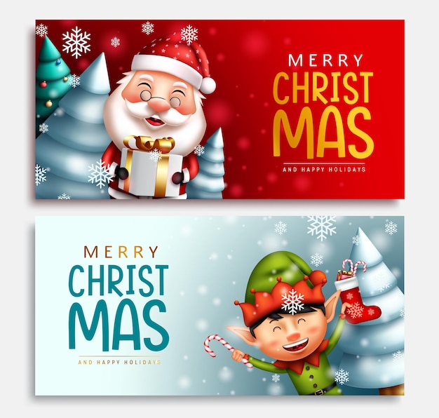 Jeu De Bannières Vectorielles De Personnages De Noël Texte De Voeux Joyeux Noël Avec Le Père Noël