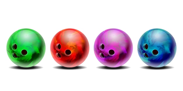 Jeu De Boules De Bowling Réalistes Colorées 3d Violettes, Bleues, Rouges, Vertes. Isolé Sur Fond Blanc. élément De Conception.