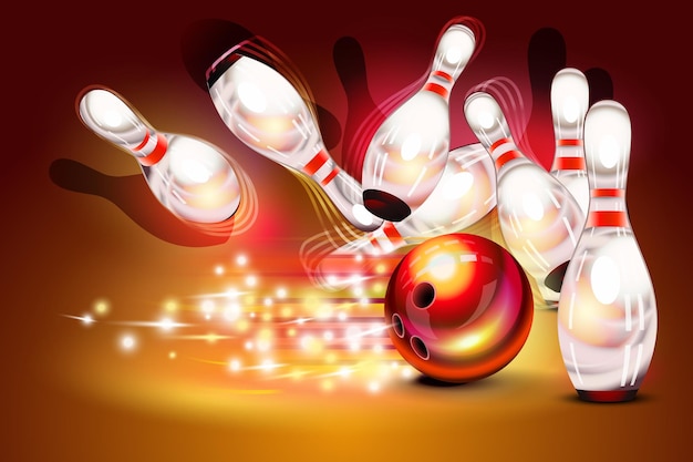 Vecteur jeu de bowling sur fond rouge foncé, boule de bowling rouge s'écrasant sur les quilles