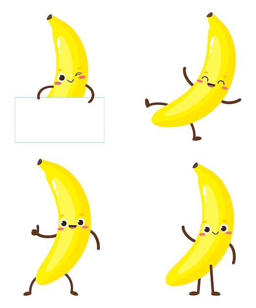 Jeu de caractères de banane jaune heureux mignon Émoticône drôle dans un style plat Illustration vectorielle de fruits emoji