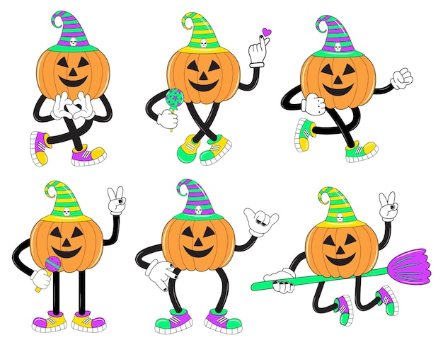 Jeu de caractères de citrouille d'halloween dans un style bande dessinée de dessin animé et ensemble de patchs d'halloween