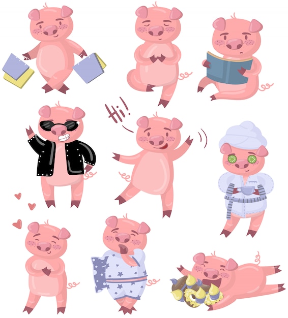 Jeu De Caractères De Cochon Drôle, Piggy Dans Différentes Poses Et Situations Illustrations De Dessins Animés