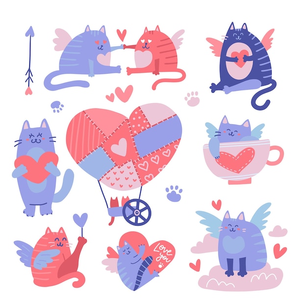 Jeu De Caractères De Dessin Animé De Cupidon Chat. Illustration De La Saint-valentin.