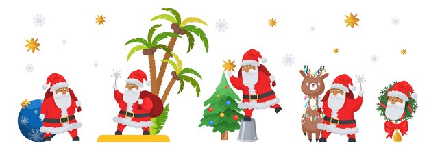 Jeu de caractères de dessin animé du père Noël, illustration vectorielle plane isolée. Père Noël mignon avec arbre de Noël, renne, couronne, babiole, cierges magiques, sac plein de cadeaux.