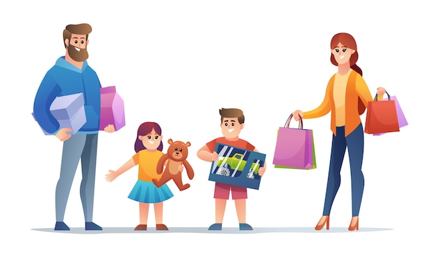 Jeu de caractères de dessin animé joyeux shopping en famille