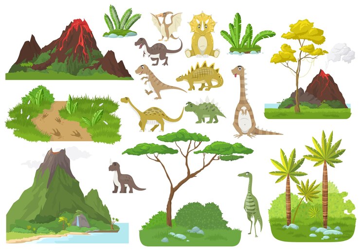 Vecteur jeu de caractères de dessin animé mignon dino jurassique nature préhistorique volcans vecteur isolé illustration d...