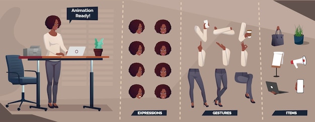 Vecteur jeu de caractères d'entreprise pour l'animation avec illustration de femme noire