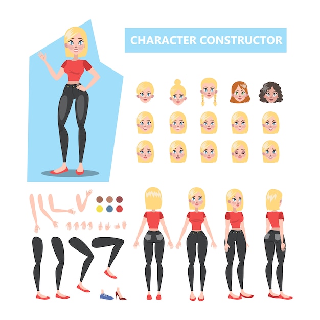 Vecteur jeu de caractères de jolie femme blonde pour animation avec différentes vues