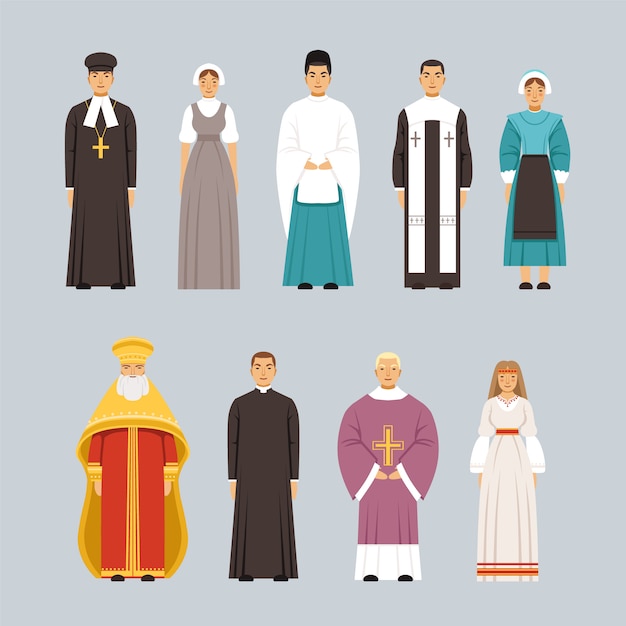Vecteur jeu de caractères de personnes de religion, hommes et femmes de différentes confessions religieuses en vêtements traditionnels illustrations