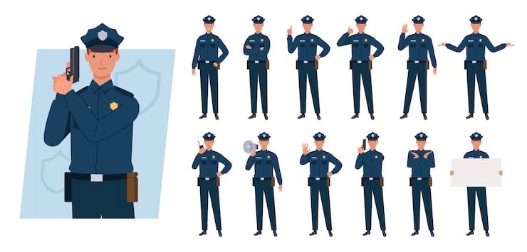 Vecteur jeu de caractères de policier. différentes poses et émotions.